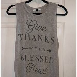 Obsessive Love Give Thanks With A Blessed Heart Grey Raw Hem Tank Top M